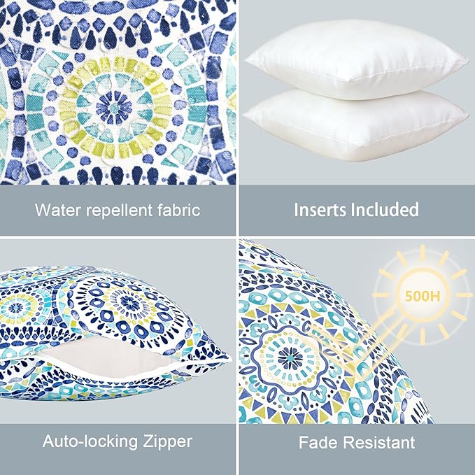 LVTXIII Outdoor Throw Pillows Set of 2, Patio Waterproof Pillows Fade Resistant Accent Pillows for Home and Garden Furniture Decoration, 16x16 Inch, Delancey Baltic