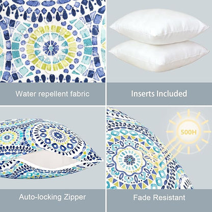 LVTXIII Outdoor Throw Pillows Set of 2, Patio Waterproof Pillows Fade Resistant Accent Pillows for Home and Garden Furniture Decoration, 16x16 Inch, Delancey Baltic