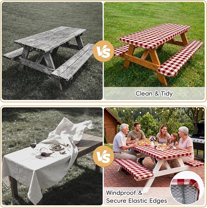 SquarePie Picnic Table Cover with Bench Covers - Waterproof Fitted Elastic Tablecloth for 6 FT Tables - Washable Polyester Camping Table Cloth for Patio RV BBQ (Burgundy Red Checkered,30"x72")