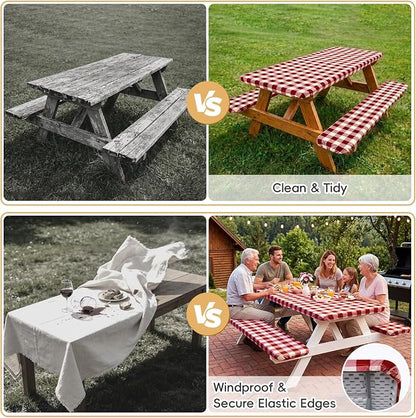 SquarePie Picnic Table Cover with Bench Covers - Waterproof Fitted Elastic Tablecloth for 6 FT Tables - Washable Polyester Camping Table Cloth for Patio RV BBQ (Burgundy Red Checkered,30"x72")