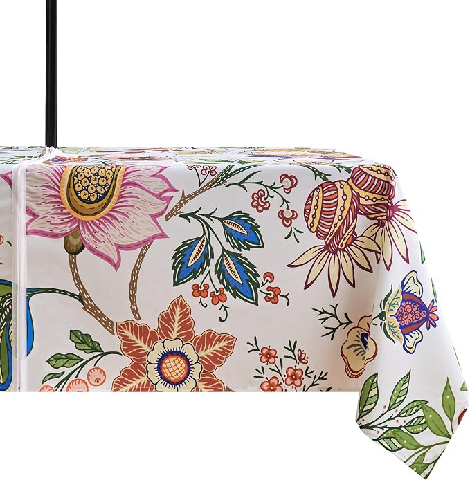 Outdoor Tablecloth with Umbrella Hole and Zipper 60x84 Inch Rectangle Paisley Table Cloth, Spillproof Wrinkler-Free Patio Table Cover for Spring Summer Backyard Party BBQ Decor