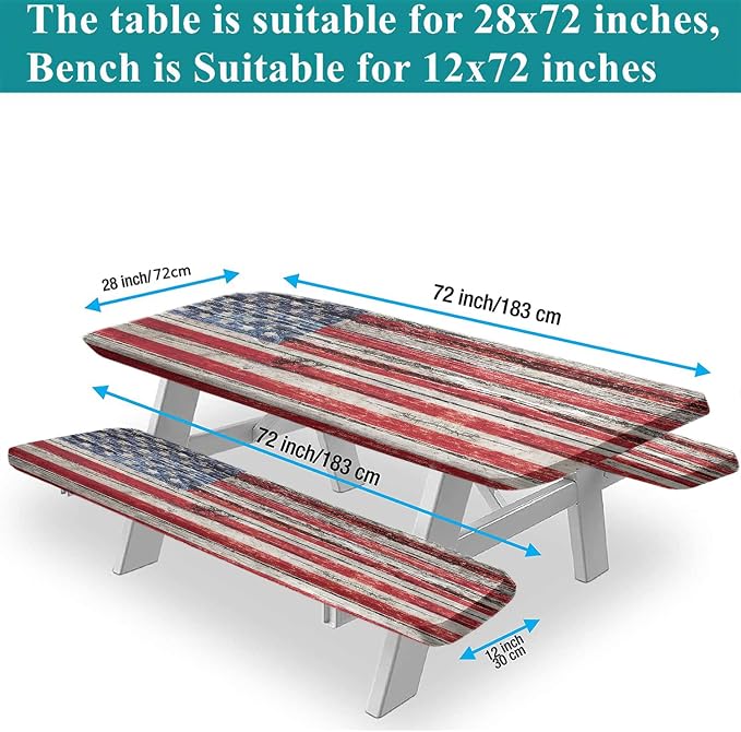 American Flag Picnic Fitted Tablecloth Benches Covers, 3 Pieces Set, Old Painted American Flag on Dark Wooden Fence Elastic Edged Table Cover, Great for Summer Spring Picnics Dinner Use, 72x28 In