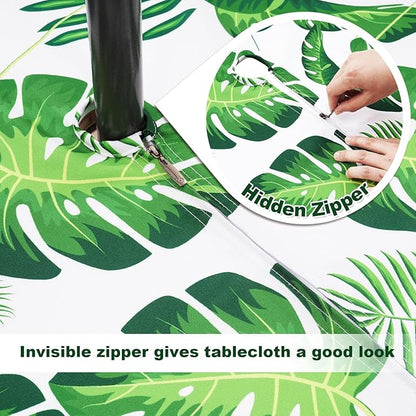 SquarePie 70 Inch Round Outdoor Tablecloth with Umbrella Hole and Zipper - Waterproof Spillproof Polyester Patio Table Cloth for Picnic Backyard, Palm Leaf