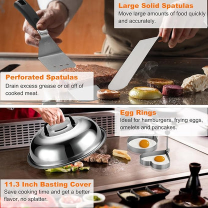Grilljoy 38pcs Professional Griddle Accessories Kit for Blackstone, with Smash Burger Press, Extra Thick Griddle Spatula, Turner, Flipper - Flat Top Grill Accessories for Outdoor Grill