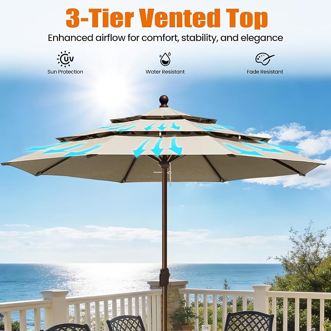 EliteShade USA 10-Year-Non-Fading 10ft 3-Tier Market Patio Umbrella, Commercial Grade Outdoor Table Umbrella with Crank Open, Windproof & UPF 50+ UV Protection, Heavy Duty Ventilation for Garden, Deck, Pool, Backyard, Beach & Bistro, No Tilt, Antique B...