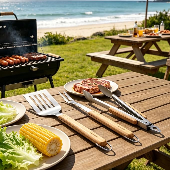 3Pc Wooden BBQ Tool Set, Heavy Duty Spatula, Fork & Tongs | Includes a versatile spatula, heavy-duty fork, and locking tongs for professional barbecuing