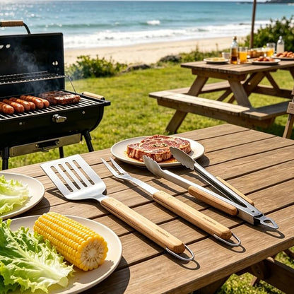 3Pc Wooden BBQ Tool Set, Heavy Duty Spatula, Fork & Tongs | Includes a versatile spatula, heavy-duty fork, and locking tongs for professional barbecuing