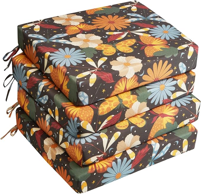UNIKOME Outdoor Chair Cushions Pack of 4, Water Resistant Patio Cushions with Ties, High Density Sponge Filling Square Corner Seat Cushions for Outdoor Furniture, 18.5"*16"*3", Flower