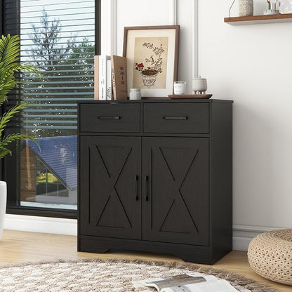 Panana Sideboard 2 Drawers 2 Doors Entryway Storage Cabinet Living Room Organizer Farmhouse Style Wooden Kitchen Cupboard (Black)