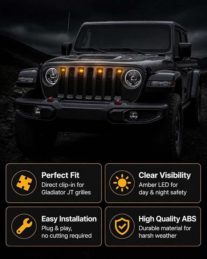 LED Grill Lights for 2020-2024 Jeep Gladiator JT Amber 4pcs | Amber Grille Mesh Lights, Plug & Play, IP67 Waterproof, LED Bumper Running Marker Lamp, for Jeep Gladiator JT 2021 2022 2023