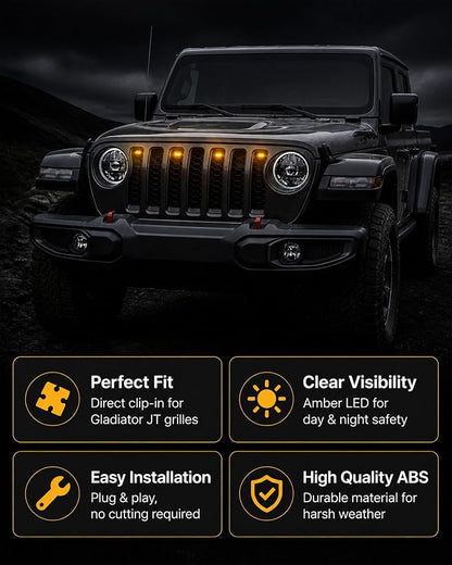 LED Grill Lights for 2020-2024 Jeep Gladiator JT Amber 4pcs | Amber Grille Mesh Lights, Plug & Play, IP67 Waterproof, LED Bumper Running Marker Lamp, for Jeep Gladiator JT 2021 2022 2023