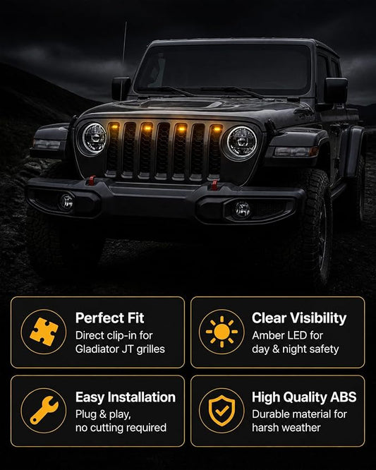 LED Grill Lights for 2020-2024 Jeep Gladiator JT Amber 4pcs | Amber Grille Mesh Lights, Plug & Play, IP67 Waterproof, LED Bumper Running Marker Lamp, for Jeep Gladiator JT 2021 2022 2023