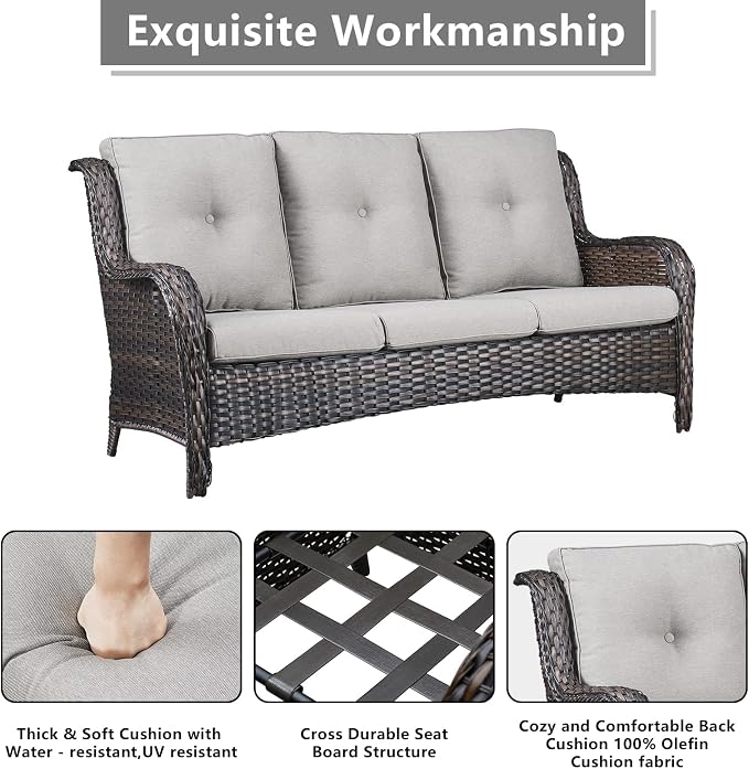 Rilyson Wicker Outdoor Patio Sofa with Ottoman, Large 3 Seater Wicker Patio Couch with 4in Replaceable Seat Cushions and Deep Seating, All Weather for Backyard, Garden, Poolside (Brown/Beige)