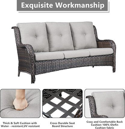 Rilyson Wicker Outdoor Patio Sofa with Ottoman, Large 3 Seater Wicker Patio Couch with 4in Replaceable Seat Cushions and Deep Seating, All Weather for Backyard, Garden, Poolside (Brown/Beige)