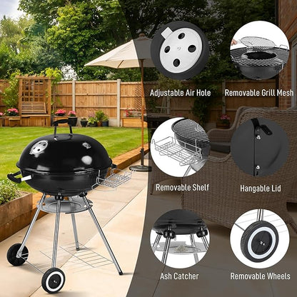 28" Charcoal Barbecue Grill with Adjustable Air Vent, Storage Rack, 2 Wheeled Portable Grill for Camping, Outdoor Cooking, and More