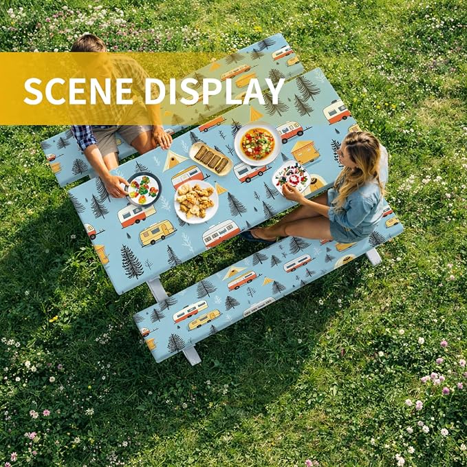 Picnic Table Cover with Bench Covers, 72 X 30 Inch Elastic Fitted Camping Tablecloth with Strap Design for 6FT Rectangle Tables, Windproof Outdoor Tablecloth Set with Storage Bag
