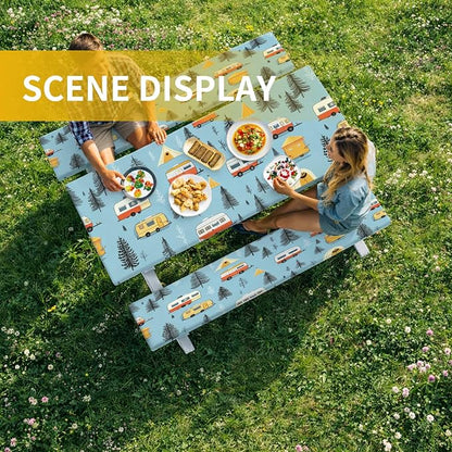Picnic Table Cover with Bench Covers, 72 X 30 Inch Elastic Fitted Camping Tablecloth with Strap Design for 6FT Rectangle Tables, Windproof Outdoor Tablecloth Set with Storage Bag