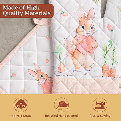 Maison d' Hermine 100% Cotton Oven Mitt & Pot Holder Set (7.5"x13" & 8"x8") Heat Resistant BBQ Cooking Gloves with Loop Baking Grilling Kitchen Hotel Home Farmhouse Spring Summer (Bunny Party)
