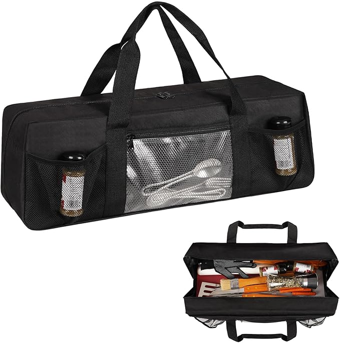 Grill Tool Storage Bag, Large Grill Utensil Storage Caddy with Pockets, Portable Grill Accessory Storage Bag for Outdoor Camping & BBQ (Black)
