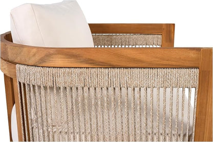 Christopher Knight Home Dora Set of 2 Patio Club Chair with Cushions, Acacia Wood Lounge Chair Outdoor, Woven Accents, Curved Design Side Chair for Balcony Backyard Garden Poolside, Beige + Teak