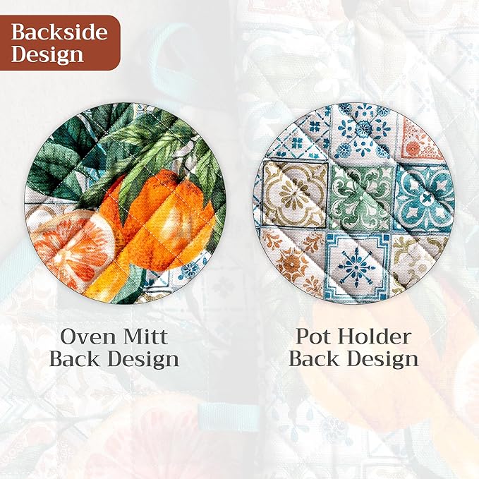 Maison d' Hermine 100% Cotton Oven Mitt & Pot Holder Set (7.5"x13" & 8"x8") Heat Resistant BBQ Cooking Gloves with Loop Baking Grilling Kitchen Hotel Home Farmhouse Spring Summer (Agrume)