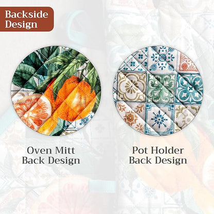Maison d' Hermine 100% Cotton Oven Mitt & Pot Holder Set (7.5"x13" & 8"x8") Heat Resistant BBQ Cooking Gloves with Loop Baking Grilling Kitchen Hotel Home Farmhouse Spring Summer (Agrume)
