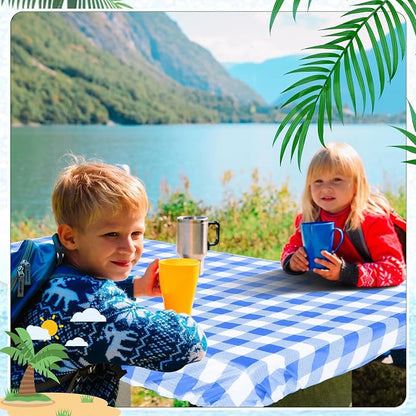 Moukeren 3 Pieces Picnic Table Cover for Kids with Bench Covers Fitted Tablecloth for Outdoors Vinyl Waterproof Cloth for Camping Home Goods Indoor Outdoor Patio BBQ(Blue, White)