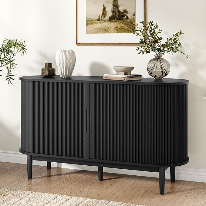 LINSY HOME 55" Sideboard Buffet Cabinet,Tambour Sliding Doors & Drawer | Black Fluted Coffee Bar Cabinet with Large Storage, Mid Century Modern Wood Storage Buffet Table for Kitchen, Living Room
