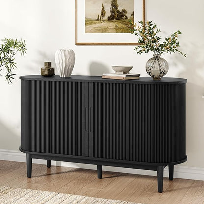 LINSY HOME 55" Sideboard Buffet Cabinet,Tambour Sliding Doors & Drawer | Black Fluted Coffee Bar Cabinet with Large Storage, Mid Century Modern Wood Storage Buffet Table for Kitchen, Living Room