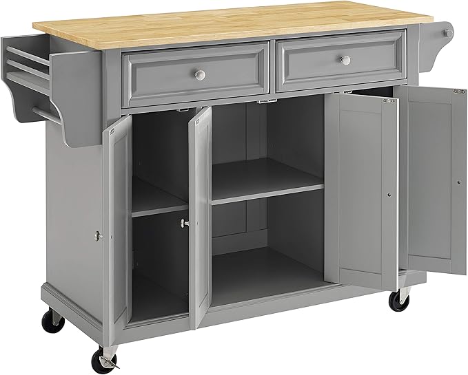 Crosley Furniture Full Size Wood Top Rolling Kitchen Island Storage Cart, Microwave Stand, Spice Rack, Gray