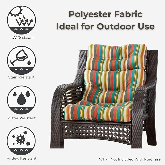 Outdoor Tufted High-Back Chair Cushions, One-Piece Hinged Seat and Back Design, Reversible with 4 Ties, Durable Polyester Fabric, Recycled Fiber Fill - Set of 2, Sunset Stripe - Updated