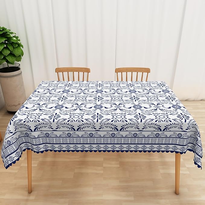 Ethnic Floral Oblong Table Cloths 60x102 Inch Blue Flowers Plants Chic Wrinkle Oil-Proof Resistant Table Cover Folk Style Tablecloths for Indoor Outdoor Kitchen Dining Tabletop Decoration