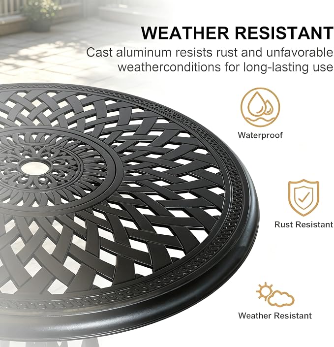 30.31" Outdoor Patio Dining Table, Cast Aluminum Patio Table, Patio Bistro Table, Patio Furniture Set with 2.36" Umbrella Hole for Balcony Lawn Garden Backyard