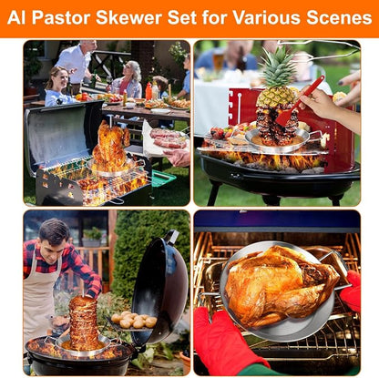 Al Pastor Skewer for Grill, Large 13 Inch Gyro Pan with Fat Separator | Brazilian Spit Stand with 5 Spikes & 2 Brushes, Stainless Steel Vertical Sticks for Shawarma, Chicken on Smoker Oven