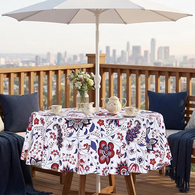 SquarePie 60'' Round Outdoor Tablecloth with Umbrella Hole and Zipper, Water Resistant SpillProof Patio Table Cloth for Spring Summer Camping Garden Poolside Picnic BBQS, Gorgeous Flowers