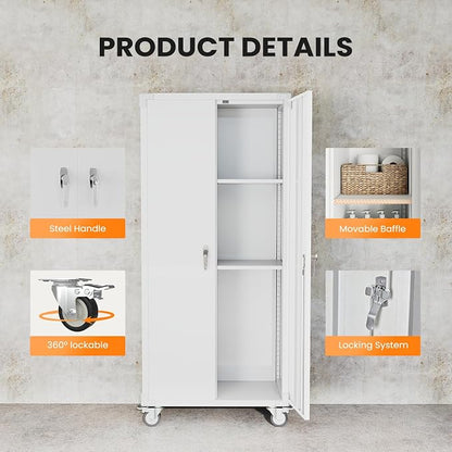 DUMOS 72 Inch Garage Storage Cabinet, Tool Organizer, Lockable File Cabinet | Tall Rolling Metal Steel Frame Storage with Lockable Wheels and Adjustable Shelves, Fits Home Office Warehouse, White