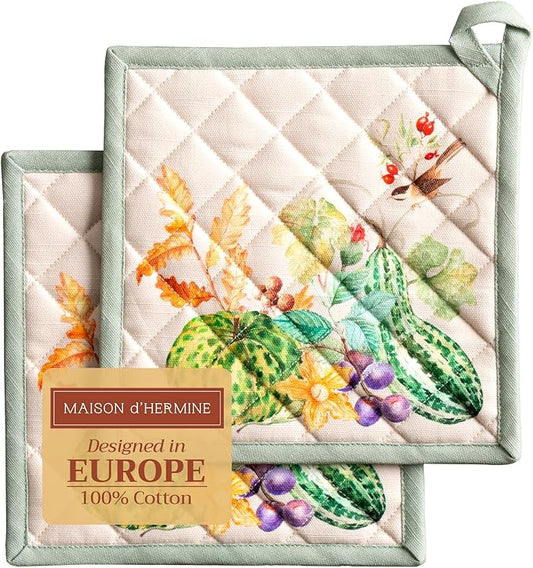 Maison d' Hermine Pot Holders Set 100% Cotton Heat Resistant Potholders 8" x 8" Hot Pads with Loop for Thanksgiving Christmas Decorations BBQ Cooking Baking Handling Hot Pans (Pack of 2, Lumina)