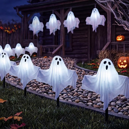 11.5FT Halloween Ghost Pathway Lights Outdoor, 4 Pack LED Lawn Stake Lights | Waterproof, Plug in and Hanging Outdoor Halloween Decorations Ghost String Lights for Garden Walkway Driveways Garden Yard