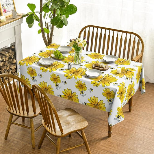 Horaldaily Summer Tablecloth 60 x 60 Inch Square Yellow Sunflower | Bumble Bee White Fall Washable Table Cover for Party Picnic Dinner Decor