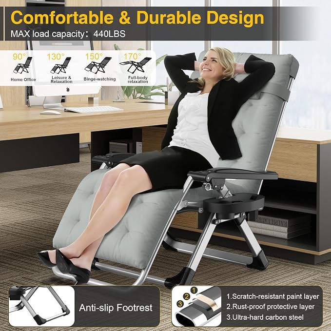 Suteck Zero Gravity Chair, Folding Lounge Chairs with Aluminum Alloy Lock | Folding Patio Recliner w/Removable Pad, Adjustable Headrest and Side Tray for Outdoor Patio, Lawn, and Camping