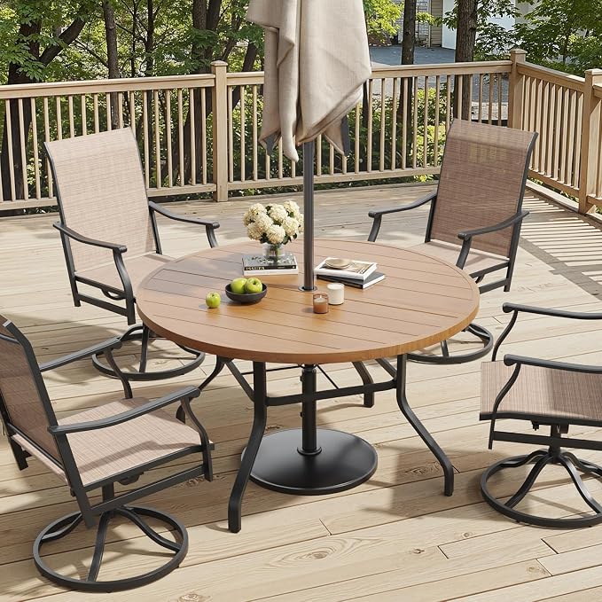 Round Outdoor Patio Dining Table, 47" Round Patio Table Wood-Like Grain with 1.57" Umbrella Hole, Metal Outdoor Dining Tables for Backyard and Poolside