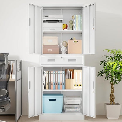 Wanfu Metal Storage Cabinet, 71" H x 28" W x 16" D Locking Storage Cabinet with 2 Adjustable Shelves and 1 Drawer for Office, Garage, Home, School, Utility(White)