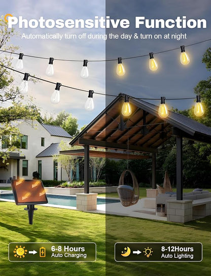 Likesky 50FT Solar String Lights Outdoor with Remote,18+1LED Shatterproof Bulbs & USB Port, Waterproof 3 Modes Dimmable Solar Lights for Backyard, Patio, Camping