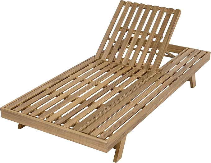 Christopher Knight Home Kayes Chaise Lounge Chair Outdoor, Acacia Wood Poolside Sun Lounger, Patio Recliner Chair, Adjustable Backrest Single Lounge Sofa, Light Brown (Frame Only)