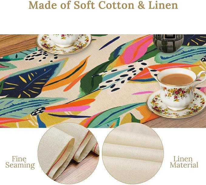 Abstract Tropical Leaves Table Runner Modern Exotic Flower Botanical Jungle Plam Tree Hawaii Plant Summer Seasonal Dinner Runner for Farmhouse Kitchen Dining Holiday Party 13x36in