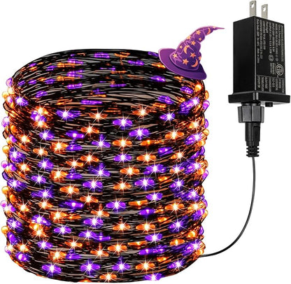 66FT 200 LED Fairy Lights Plug in, 8 Modes Twinkle Lights Purple and Orange | Waterproof String Lights Outdoor Indoor, Memory, Timer, Copper Wire, Halloween Lights for Bedroom Garden Party Holiday Decor