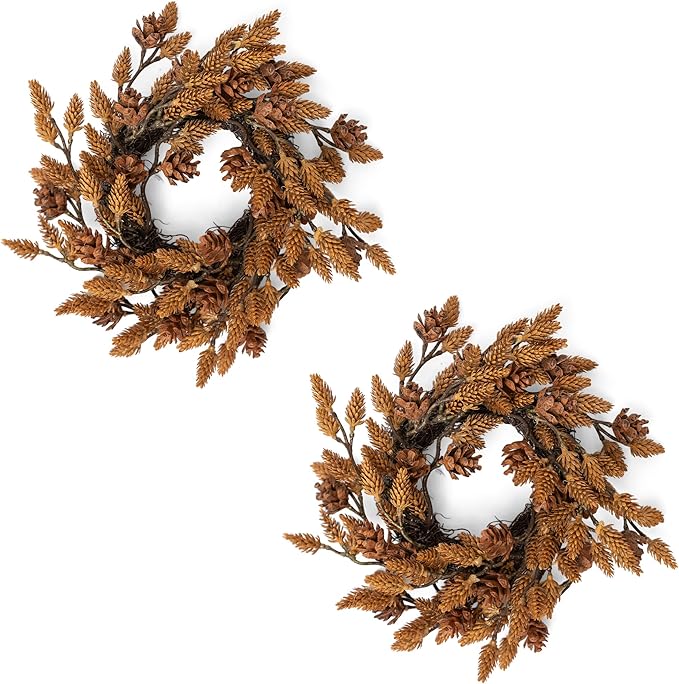 2 Pcs Christmas Candle Rings Wreaths, 10 Inch Candle Wreath with Artificial Brown Pinecone, Christmas Candle Holder Indoor Decor for Home Kitchen Cabinets Centerpieces for Tables