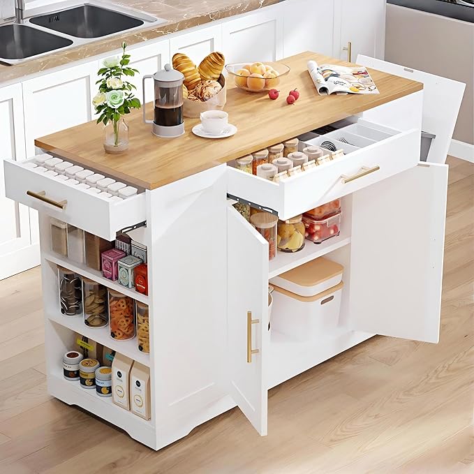 YITAHOME 53 inch Movable Kitchen Island with Trash Can Storage Cabinet | Portable Mobile Islands with Wheels for 13 Gallon Garbage Bin, White Oak