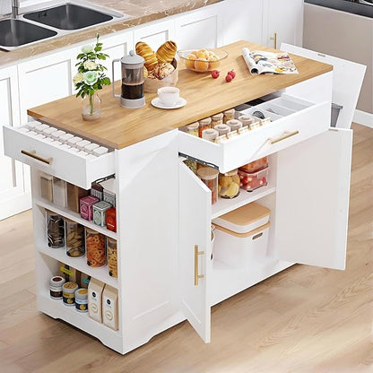 YITAHOME 53 inch Movable Kitchen Island with Trash Can Storage Cabinet | Portable Mobile Islands with Wheels for 13 Gallon Garbage Bin, White Oak