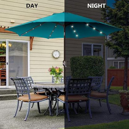 9ft Patio Umbrella with Solar Lights, Outdoor Umbrella with 24 LED Solar Umbrella Lights, Solar Patio Umbrella with Push Botton Tilt & Crank Ideal for Garden, Deck, Backyard & Pool, Teal Green
